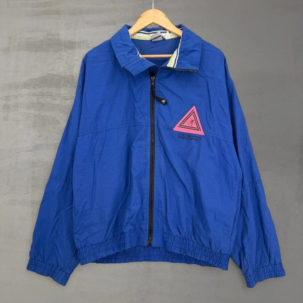 Ocean Pacific Windbreaker Jacket Blue‎ Vintage 90s Surf Pink Logo XL